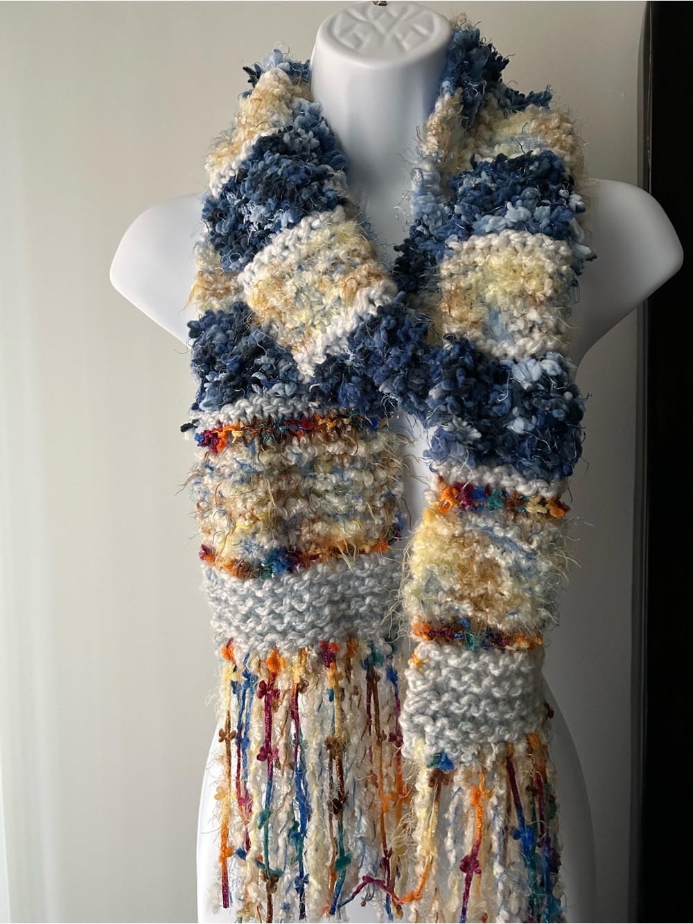 Cozy Hand-Knit Blue & Cream Multicolor Fringe Scarf